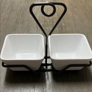 Pampered Chef Simple Additions Ceramic Condiment Bowls & Black Metal Holder